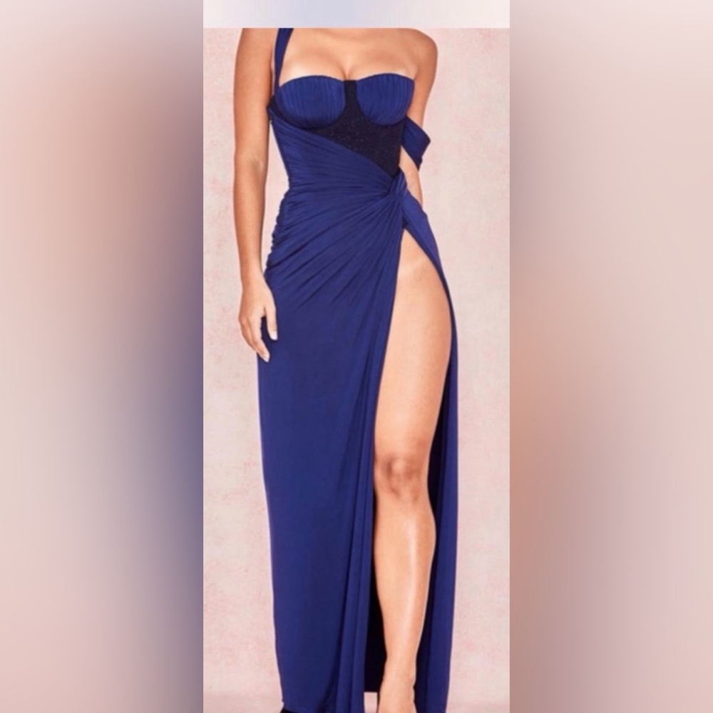 House of CB Royal Blue High-Slit Draped Evening Gown